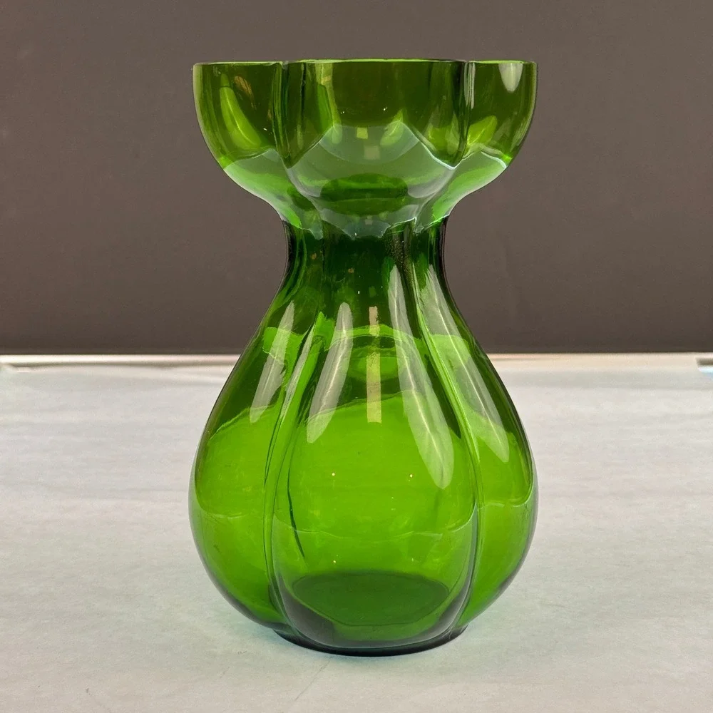 Vintage Emerald Green Art Glass Vase Four Lobed Rim Mid Century Modern